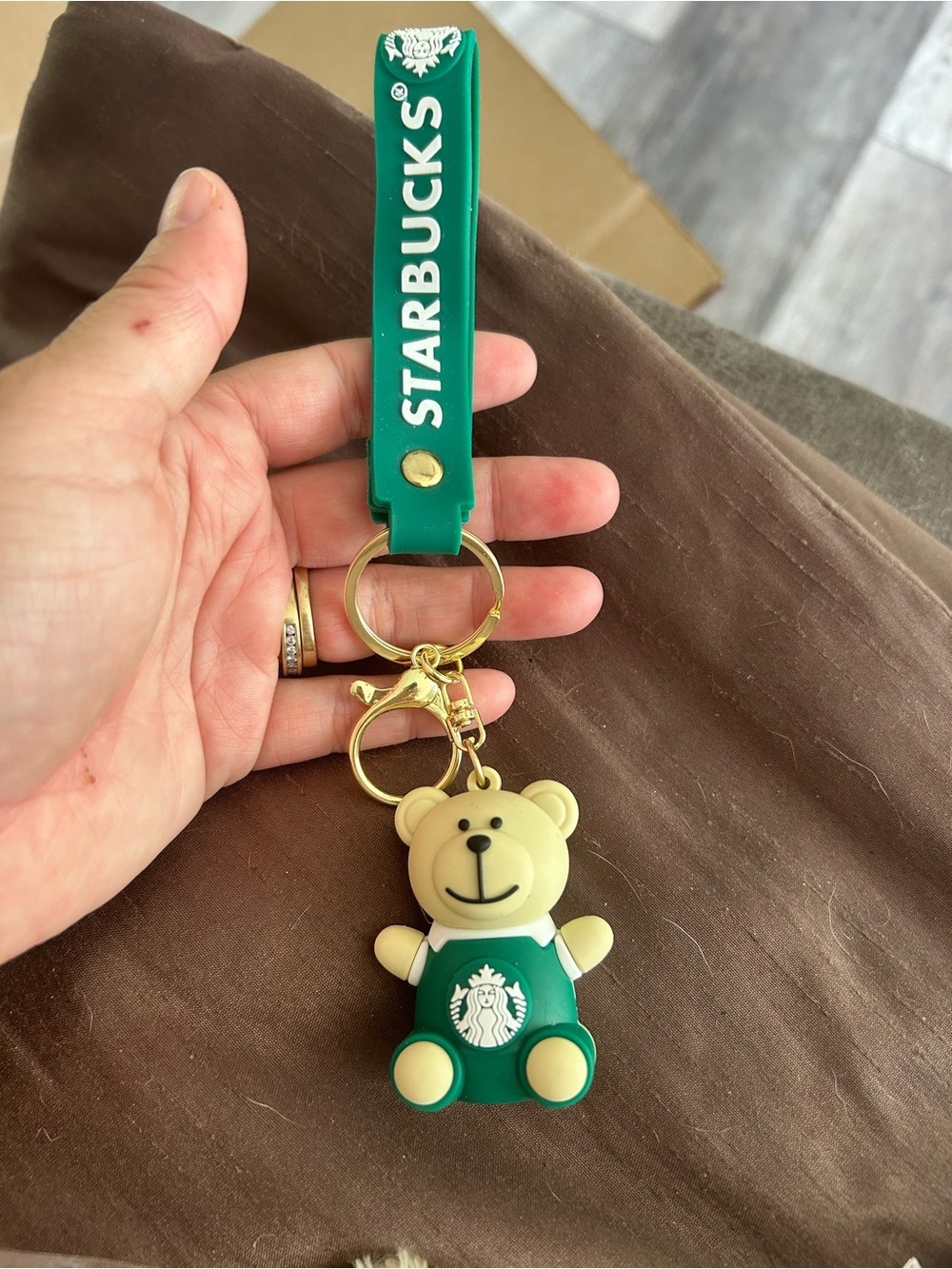 5/$25 Starbucks Green and Cream Bear Keychain with Gold Hardware